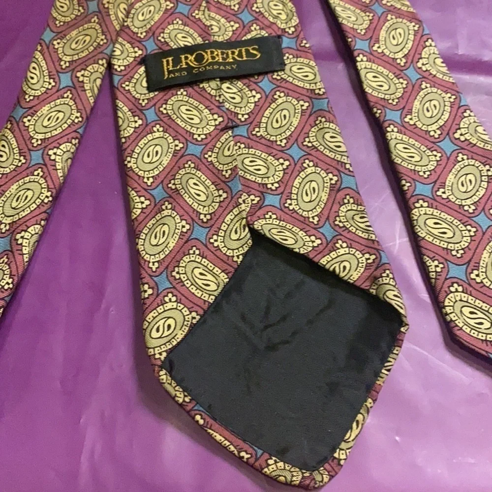Jl Roberts Silk Tie Burgundy Yellow Blue Office Business Professional